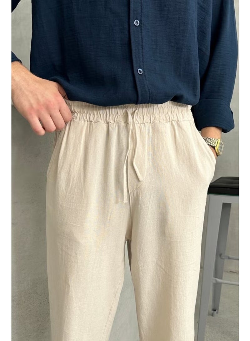 HYMAN Men's Elastic Waist Baggy Linen Trousers - Image 2